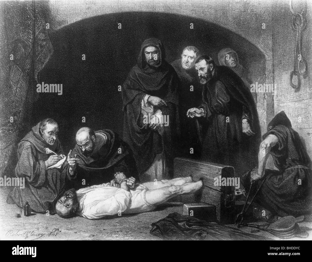 justice, inquisition, inquisitors torturing a suspect, wood engraving by Robert Fleury, 1841, Stock Photo