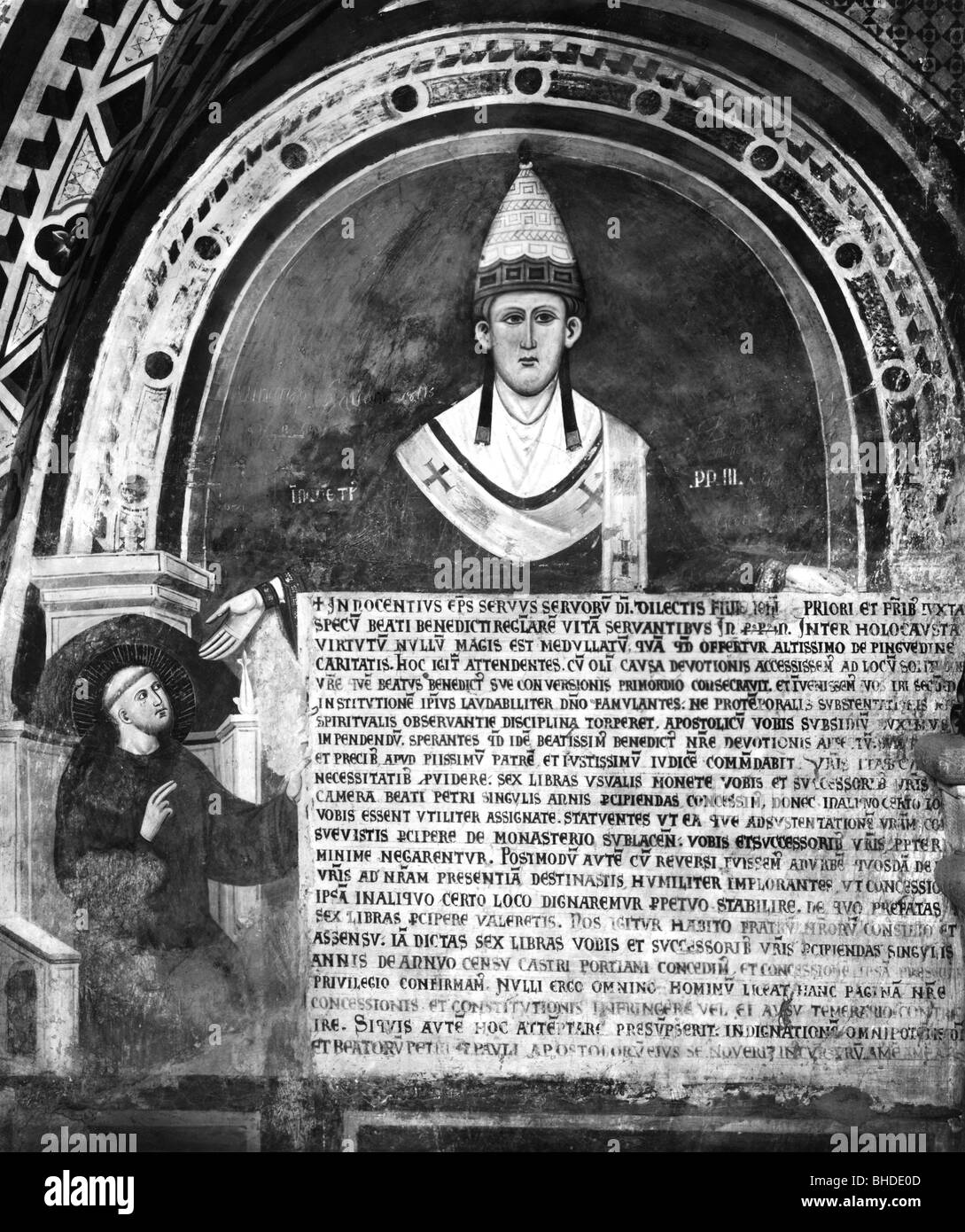 Innocent III (Lotario Count Segni), 1160/1161 - 16.7.1216, Pope 1.8.1198 - 16.7.1216, portrait, fresco, Subiaco, 13th century, , Stock Photo