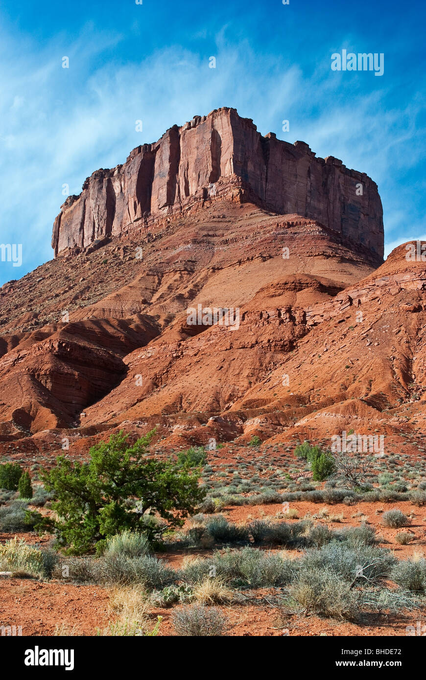 USA, Utah, Moab. Parriott Mesa rises over Castle Valley community near Moab. Stock Photo