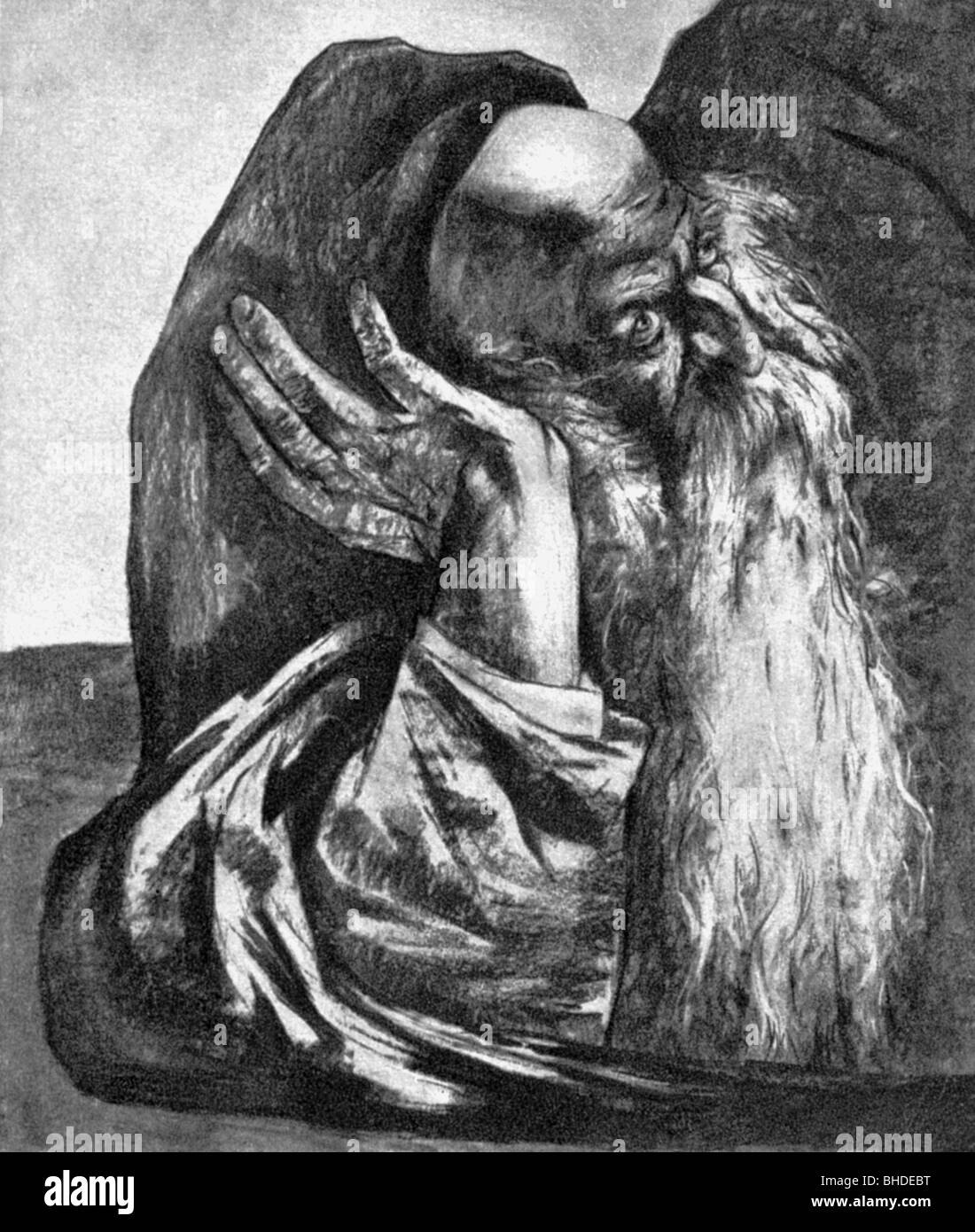 Jeremias, prophet, circa 600 BC, half length, lying on ground, resting head on arm, drawing, Stock Photo