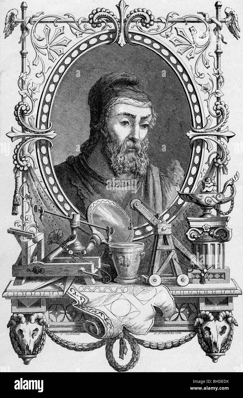 Archimedes, circa 285 - 212 BC, Greek mathematician, portrait, anonymous wood engraving after portrait from a medal, Leipzig, 1876, Stock Photo