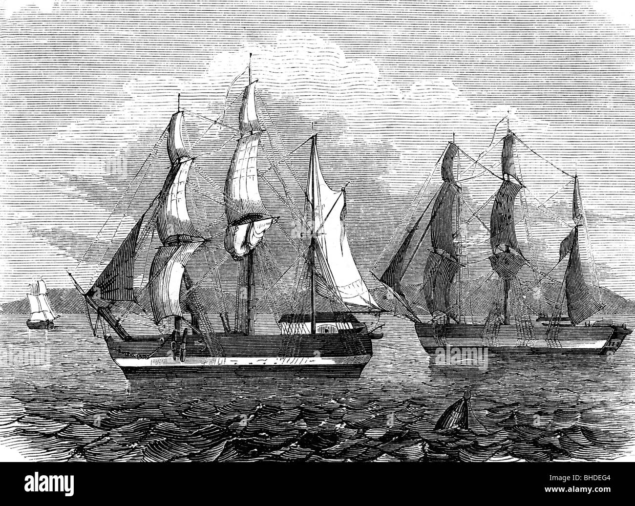 Franklin, John, 16.4.1786 - 11.6.1847, British Arctic explorer, expedition to the Arctic 1844 - 1846, vessels 'Erebus' and 'Terror', wood engraving, 19th century, Stock Photo