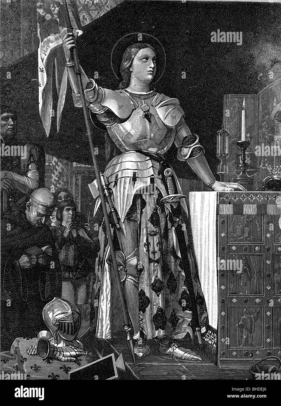 Joan of Arc, 6.1.1412 - 30.5.1431, French national heroine, full length in armour, at the Coronation of Charles VII in the cathedral of Reims on 17.7.1429, wood engraving after painting by Jean-Auguste-Dominique Ingres, 19th century, Artist's Copyright has not to be cleared Stock Photo