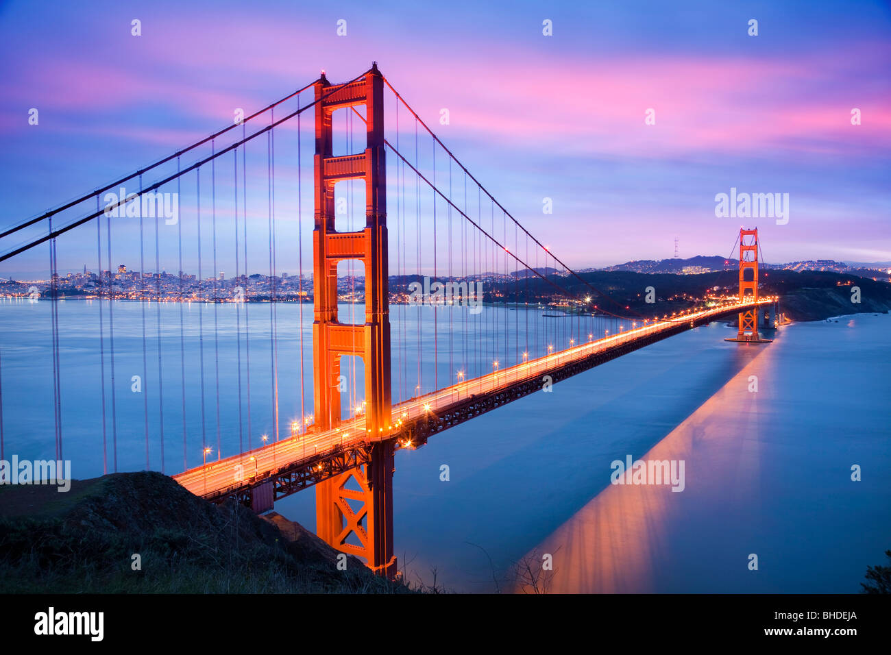 Golden gate Bridge and San Francisco Skyline viewed at dusk Stock Photo