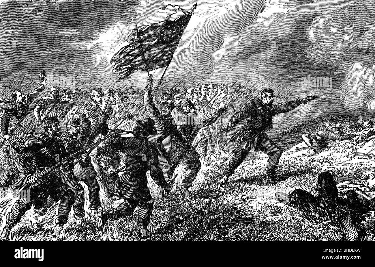 geography / travel, United States of America, politics, American Civil War 1861 - 1865, Battle of Mill Springs, Kentucky, 19.1.1862, attack of the 9th Ohio infantry regiment, wood engraving, 1862, 19th century, historic, historical, Germans, German Americans, battles, wars, military, battlefield, people, Stock Photo