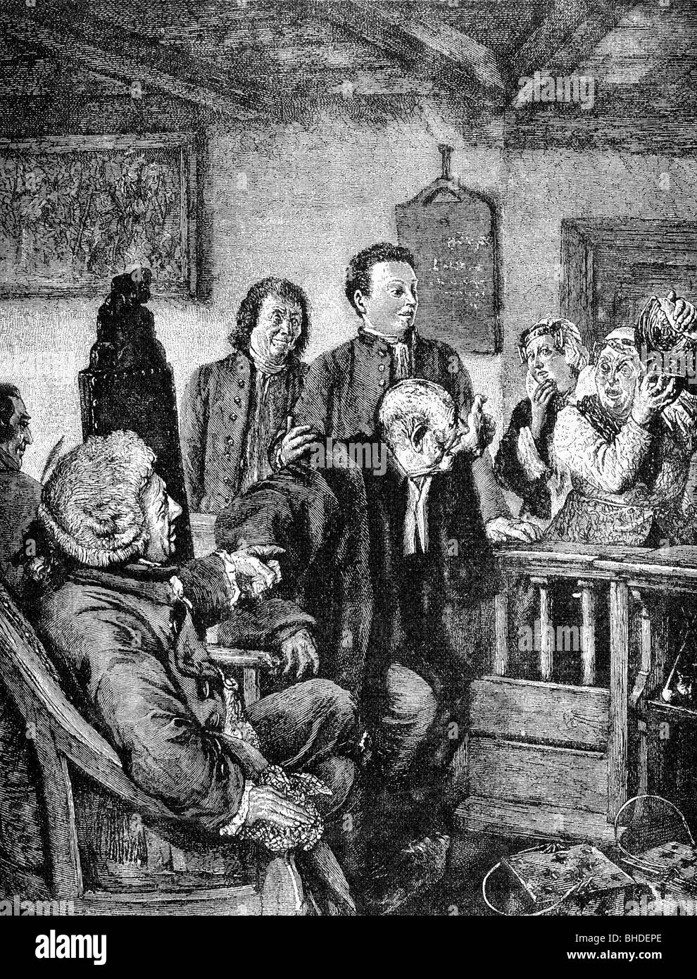 Kleist, Heinrich von, 18.10.1777 - 21.11.1811, German author / writer (poet), stage play 'The Broken Jug', scene, wood engraving after drawing by Adolf von Menzel, 1877, Stock Photo