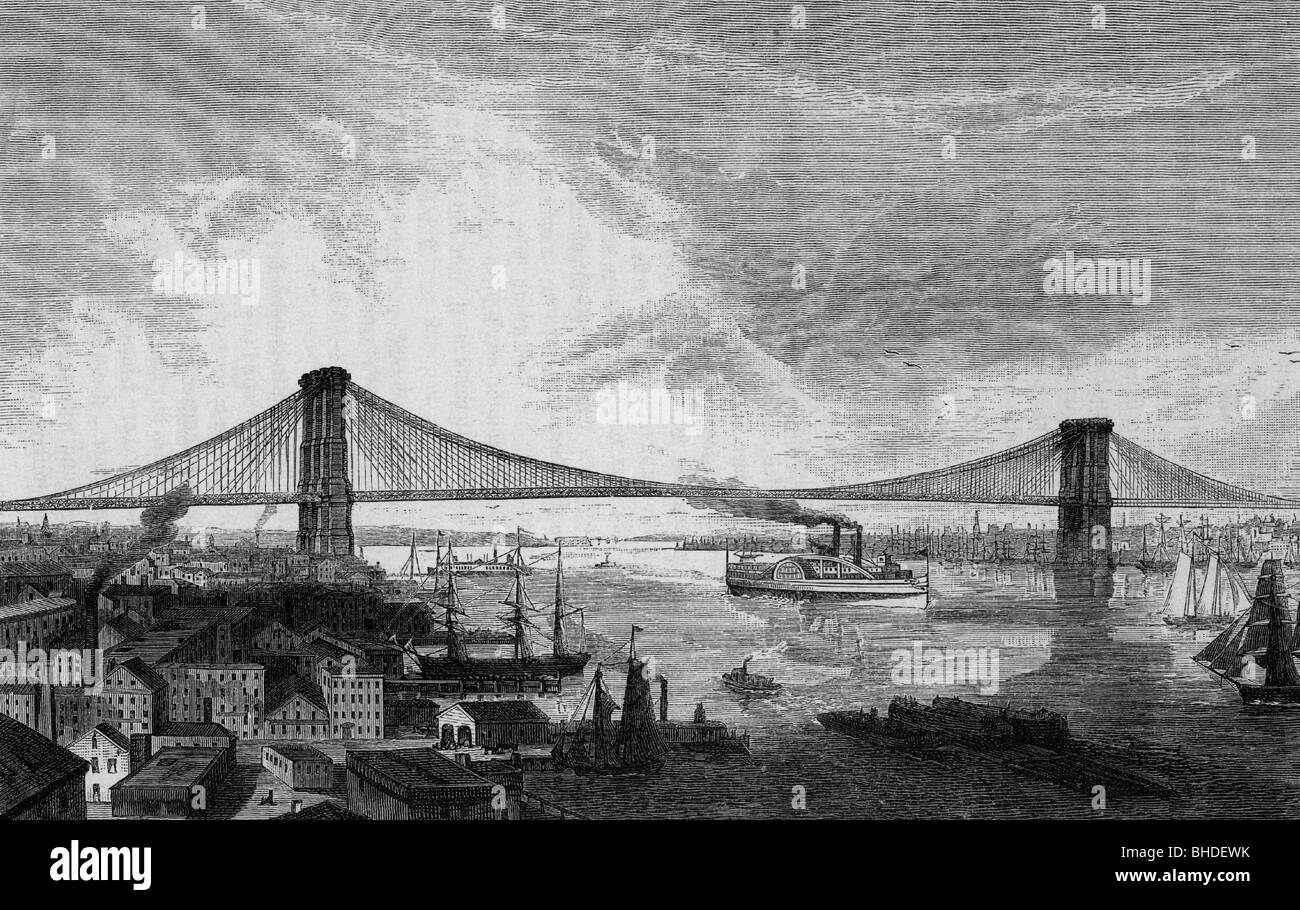 geography / travel, United States of America, New York, Brooklyn Bridge, wood engraving, 19th century, historic, historical, transport, transportation, navigation, ship, ships, East River, bridge, bridges, east coast, city view, cityscape, city views, cityscapes, townscape, townscapes, North America, people, Stock Photo