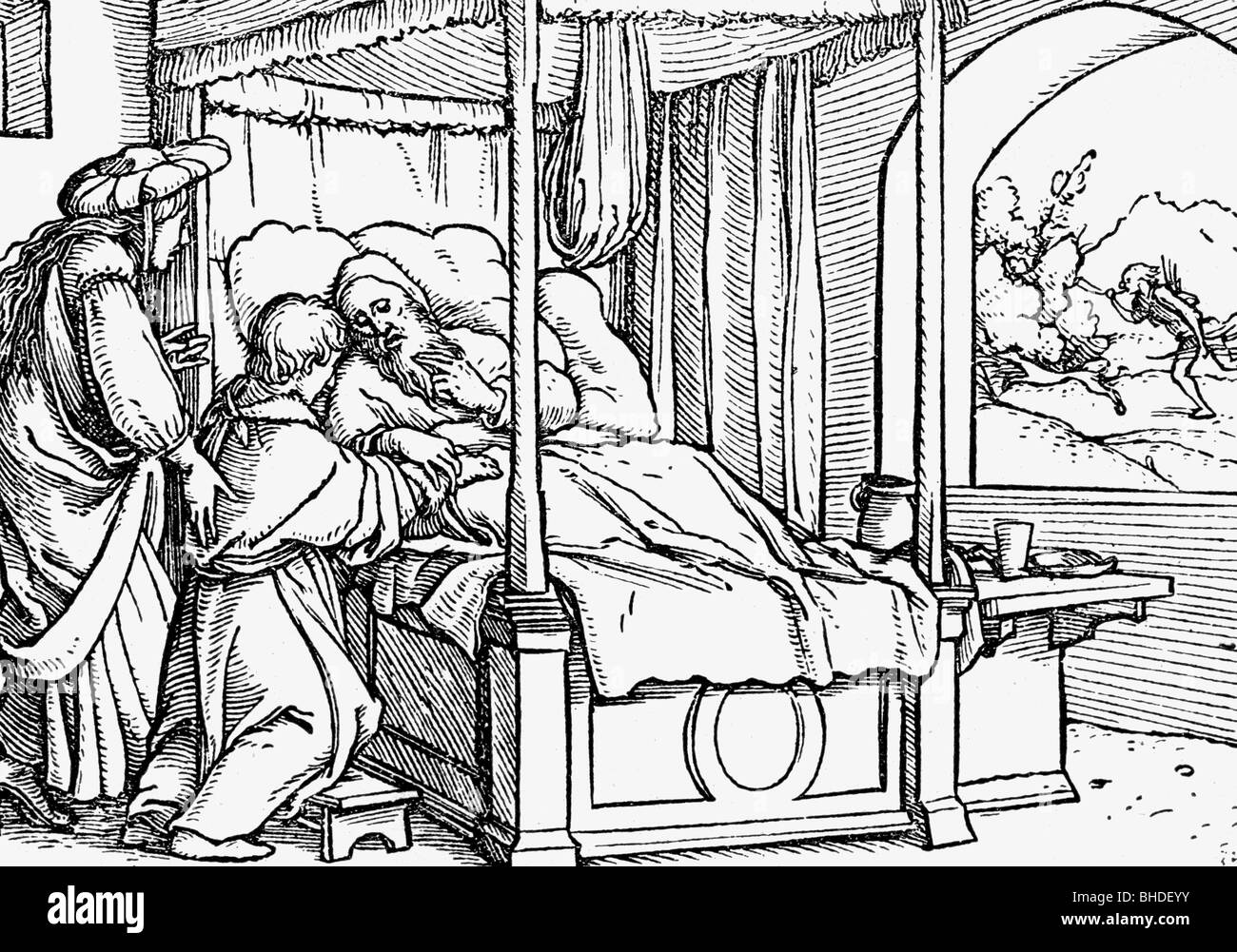 Isaac, biblical character, son of Abraham, scene: 'Isaac  blessing Jacob', woodcut by Hans Holbein, Stock Photo