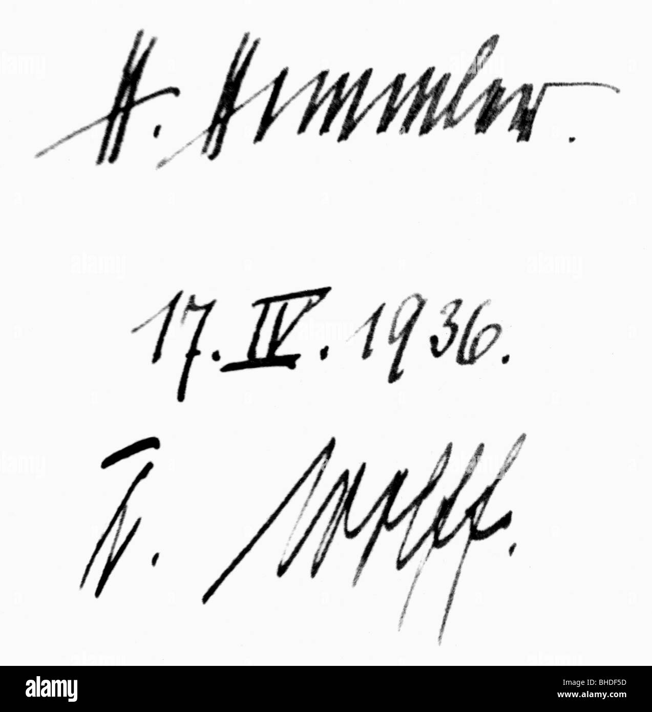Himmler, Heinrich, 7.10.1900 - 23.5.1945, German politician (NSDAP), Reichsfuehrer SS, his signature with the date 17.4.1936, below the signature of Karl Wolff, Stock Photo