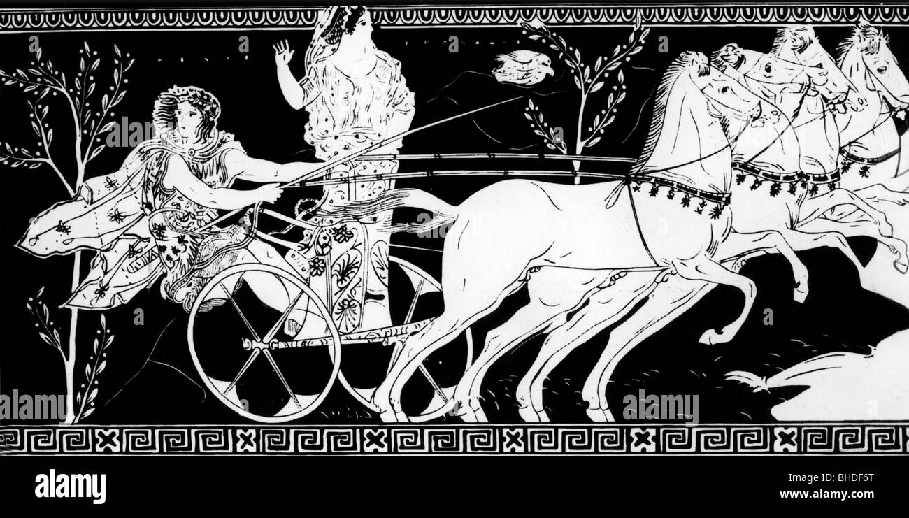 sport, olympic games, Olympia, ancient world, Pelops with Hippodameia, illustration after foundation legend about the ancient Olympic Games, historic, historical, racing, chariot race, chariots, races, horse, charioteer, Olympic Games, Olympics, Olympiad, ancient world, people, Stock Photo