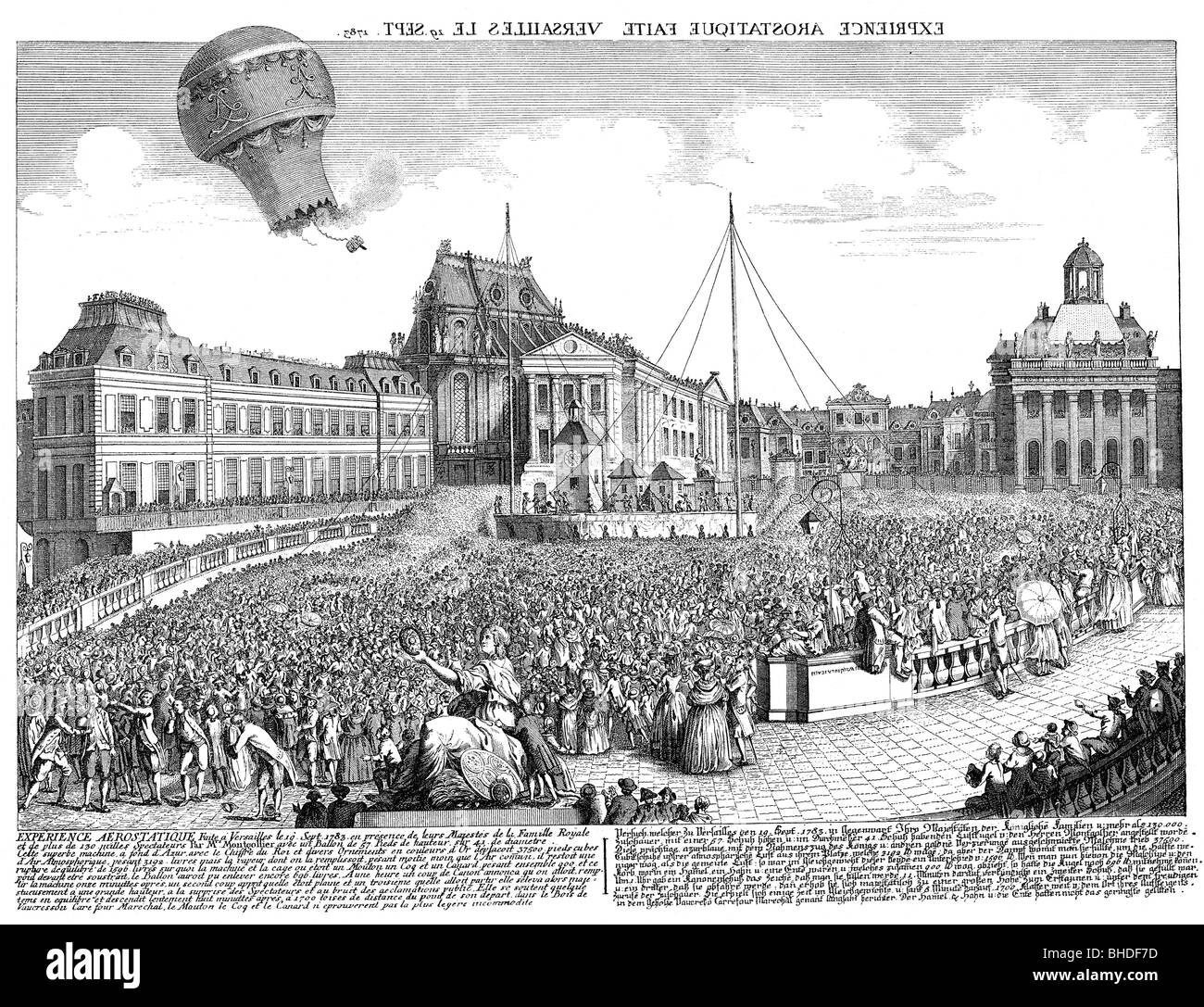 transport / transportation, aviation, balloons, hot-air ballon of brothers Joseph Michel and Jacques Etienne Montgolfier, flight of a unmanned balloon, Versailles Castle, 19.9.1783, copper engraving, 1783, Montgolfiere, science, people, crowd, France, 18th century, historic, historical, Artist's Copyright has not to be cleared Stock Photo