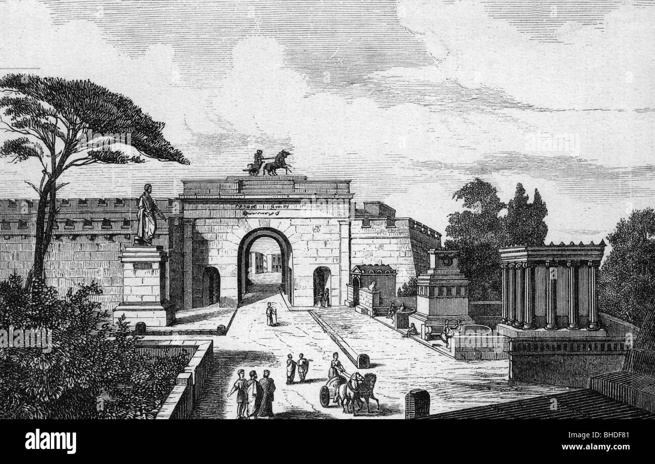 geography / travel, Italy, Pompeii, gate to the street of tombs, reconstruction, wood engraving, 19th century, historic, historical, destroyed 79 AD, Roman Empire, antiquity, ancient times, ancient world, building, buildings, architecture, archeology, archaeology, excavation site, Campania (Italian region), Southern Europe, UNESCO World Cultural Heritage Site / Sites, streets, street view, city wall, walls, city fortifications, Biga, ancient world, people, Stock Photo