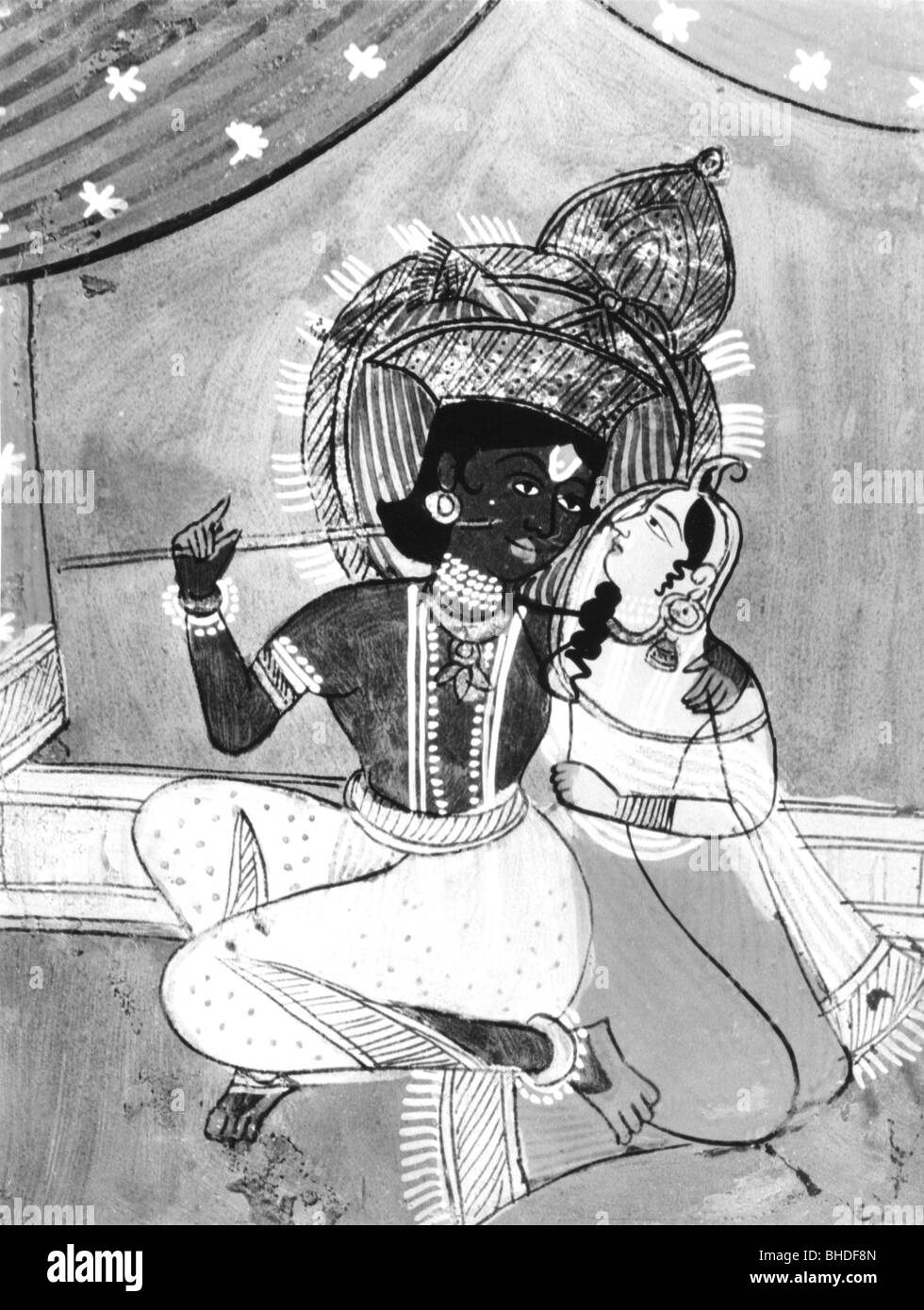 Krishna, Indian deity, half length, with the shepherd girl Radha, reverse glass painting, god, , Stock Photo