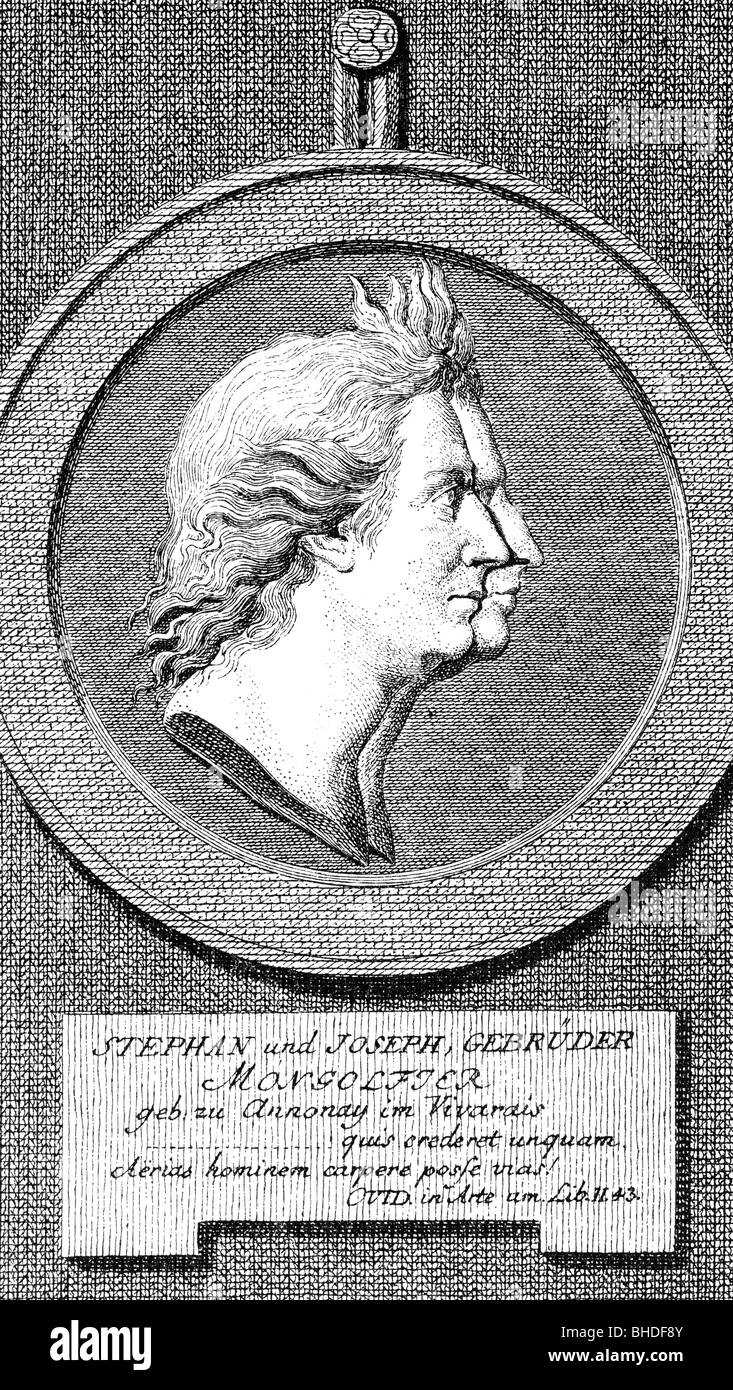 Montgolfier, Joseph Michel (26.8.1740 - 26.6.1810) and Jacques Etienne (6.1.1745 - 2.8.1799), French inventors, double portrait, side view, copper engraving by de Launay after relief by M. Houdon, 1783, , Artist's Copyright has not to be cleared Stock Photo