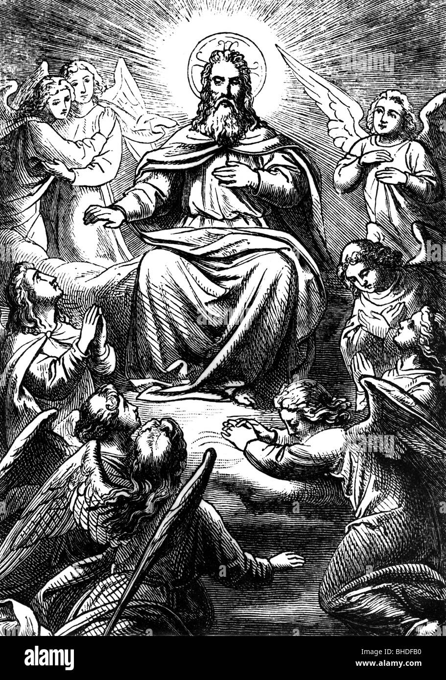 religion, god, illustration of God the Father, surrounded by angels, woodcut, Germany, 1875, Stock Photo