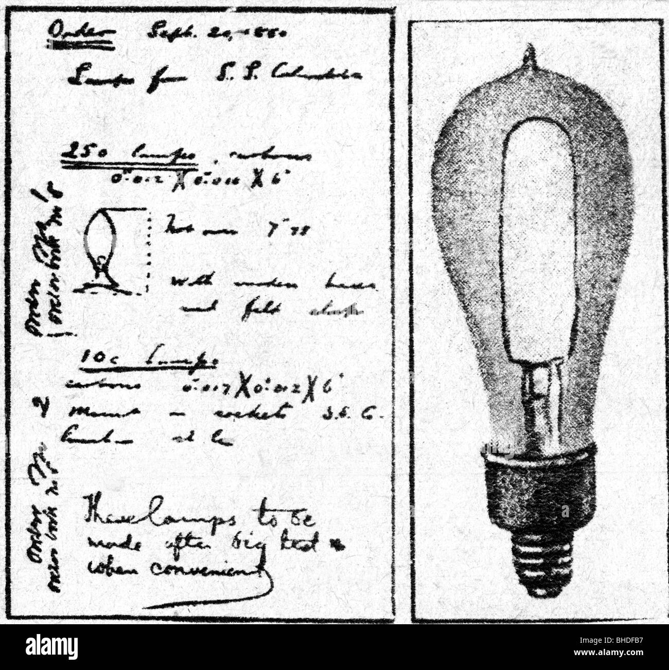 Edison, Thomas Alva, 11.2.1847 - 18.10.1931, American inventor, first prototype of the carbon filament lamp with comments beside the illustration, Stock Photo