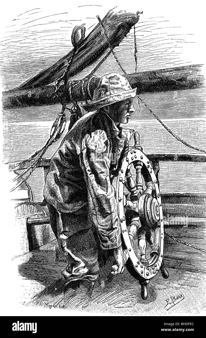 transport / transportation, navigation, living and working on the ship, sailor at the helm of sailing shipwood engraving, 19th century, graphic, graphics, sailing ship, sailing ships, steering wheel, helmsman, helmsperson, helmsmen, oilskin, historical, headpiece, headpieces, headgear, cap, caps, souwester, seafarer, mariner, seafarers, mariners, windjammer, ship, ships, navigation, shipping traffic, water transport, shipping, transport, transportation, living, live, sailor, seaman, sailors, seamen, rudder, helm, historic, man, men, male, people, Stock Photo