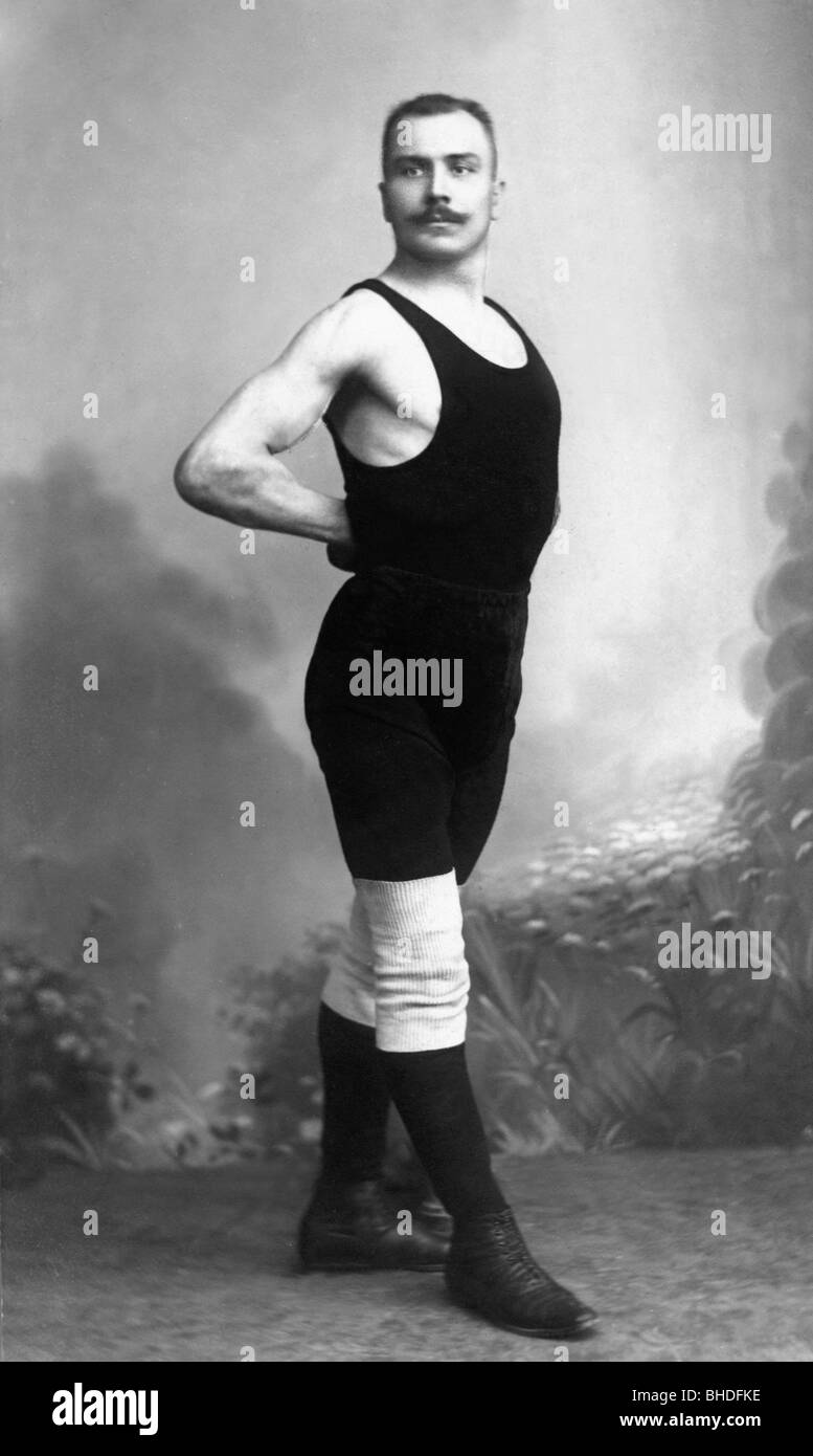 people, men, musclemen, man in a wrestling suit, posing, picture postcard, circa 1910, Stock Photo
