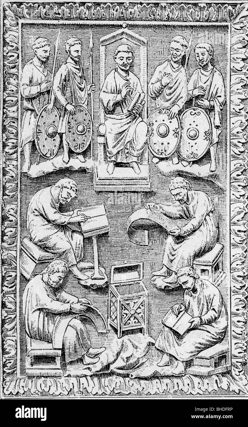 David, King of the Jews, 1004 - 965 BC, dictating psalms, wood engraving after book cover, Frankish carving from ivory, 9th century, Louvre, , Stock Photo