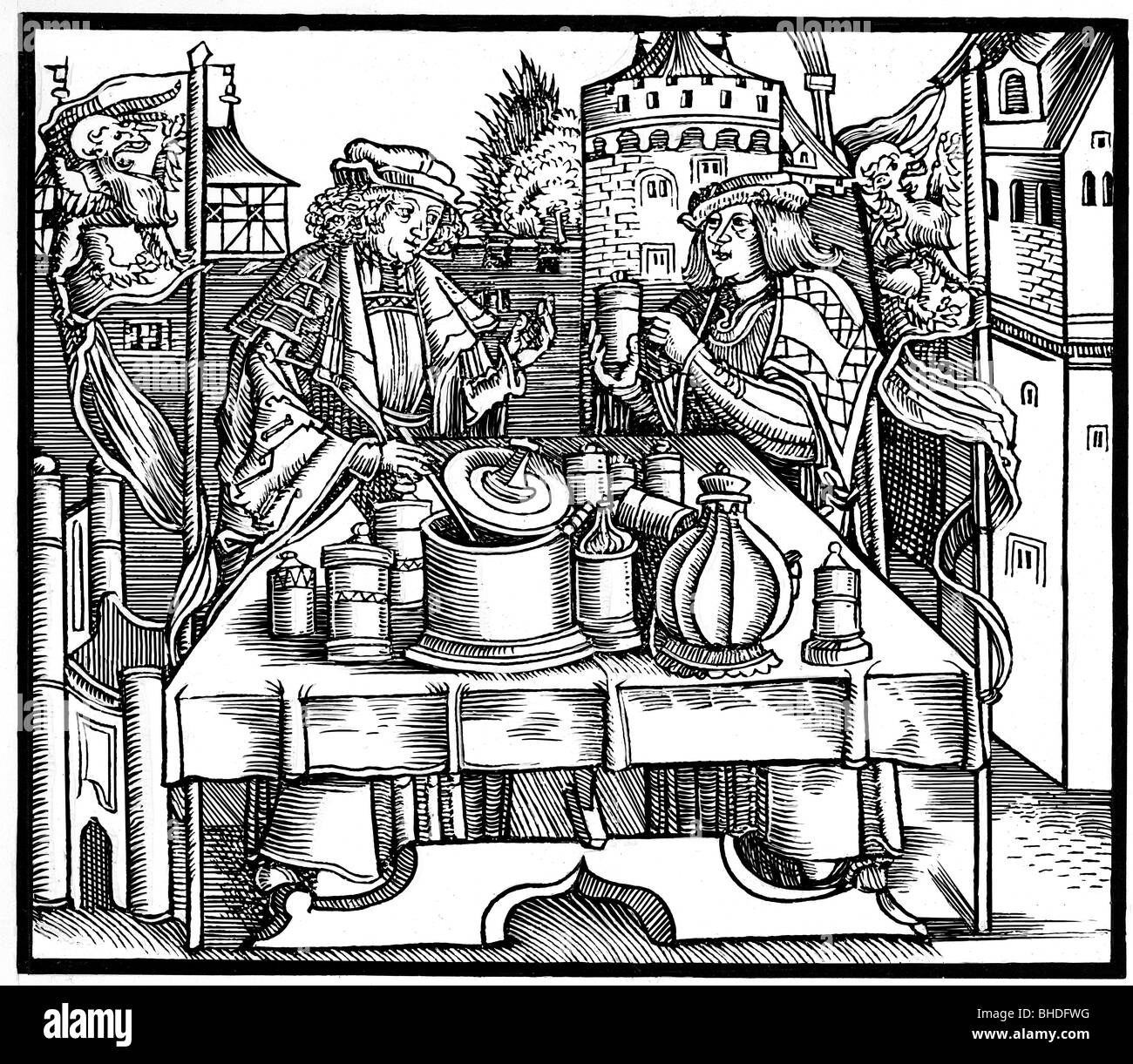 science, alchemy, two alchemists at work, woodcut, 1500, Stock Photo