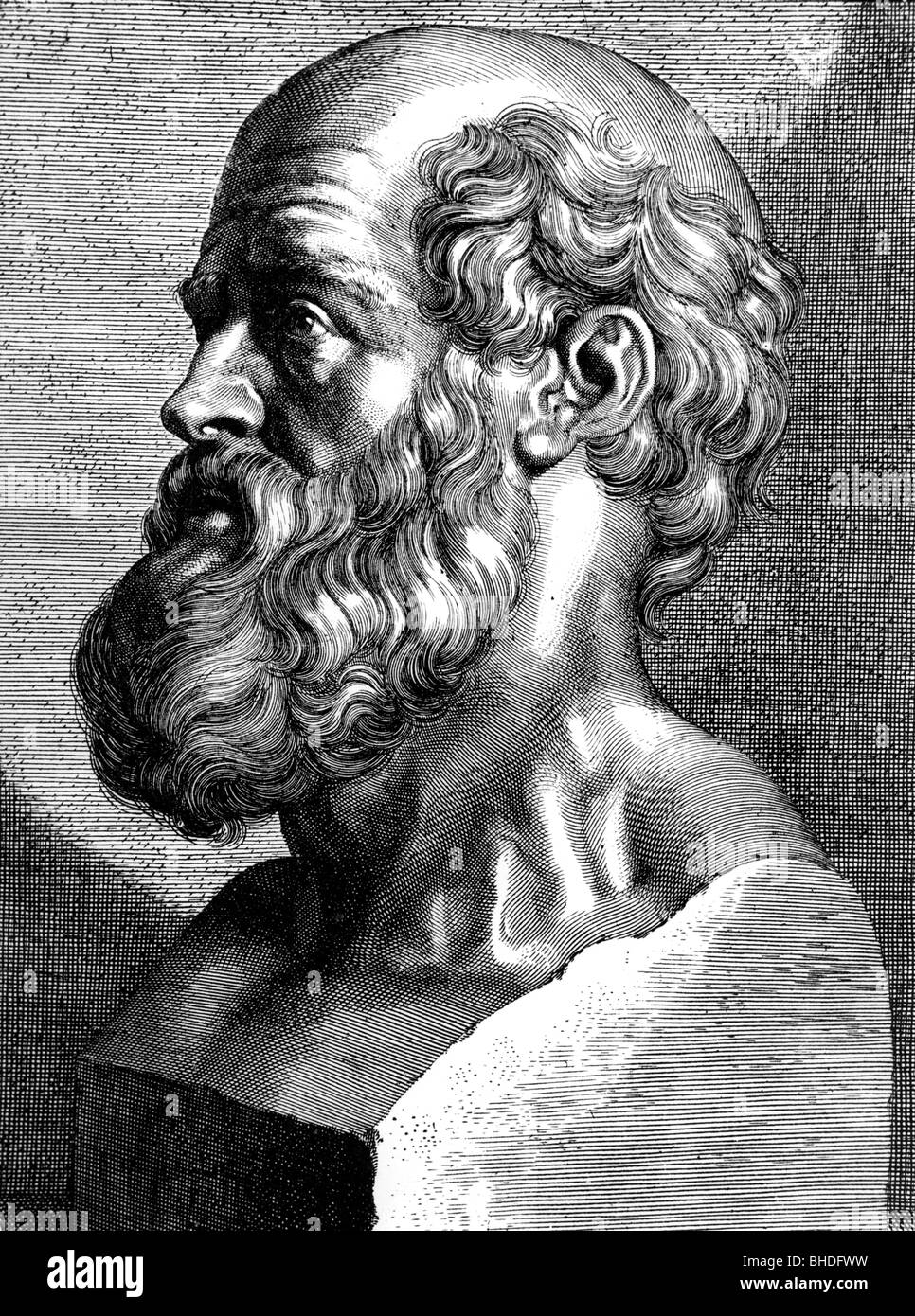 Hippocrates, circa 460 - circa 377 BC, Greek physician, pen drawing after bust, Rome, portrait, Stock Photo