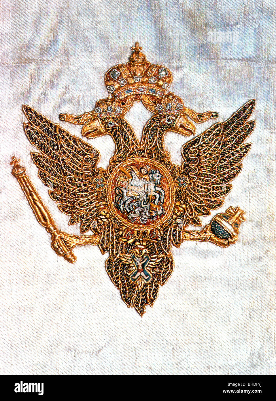 heraldry, coat of arms, Russia, double-headed eagle, golden embroidery, circa 19th century, historic, historical, two-headed eagle, double, regalia, imperial insignia, crown, Stock Photo