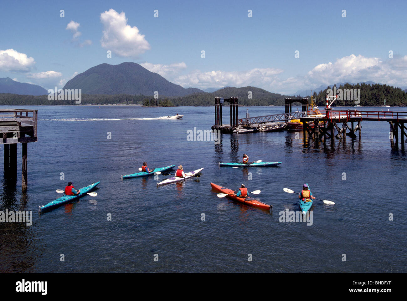 Tofino, BC, Vancouver Island, British Columbia, Canada - Kayakers kayaking in Kayaks, Kayak Trip, West Coast, Pacific Northwest Stock Photo