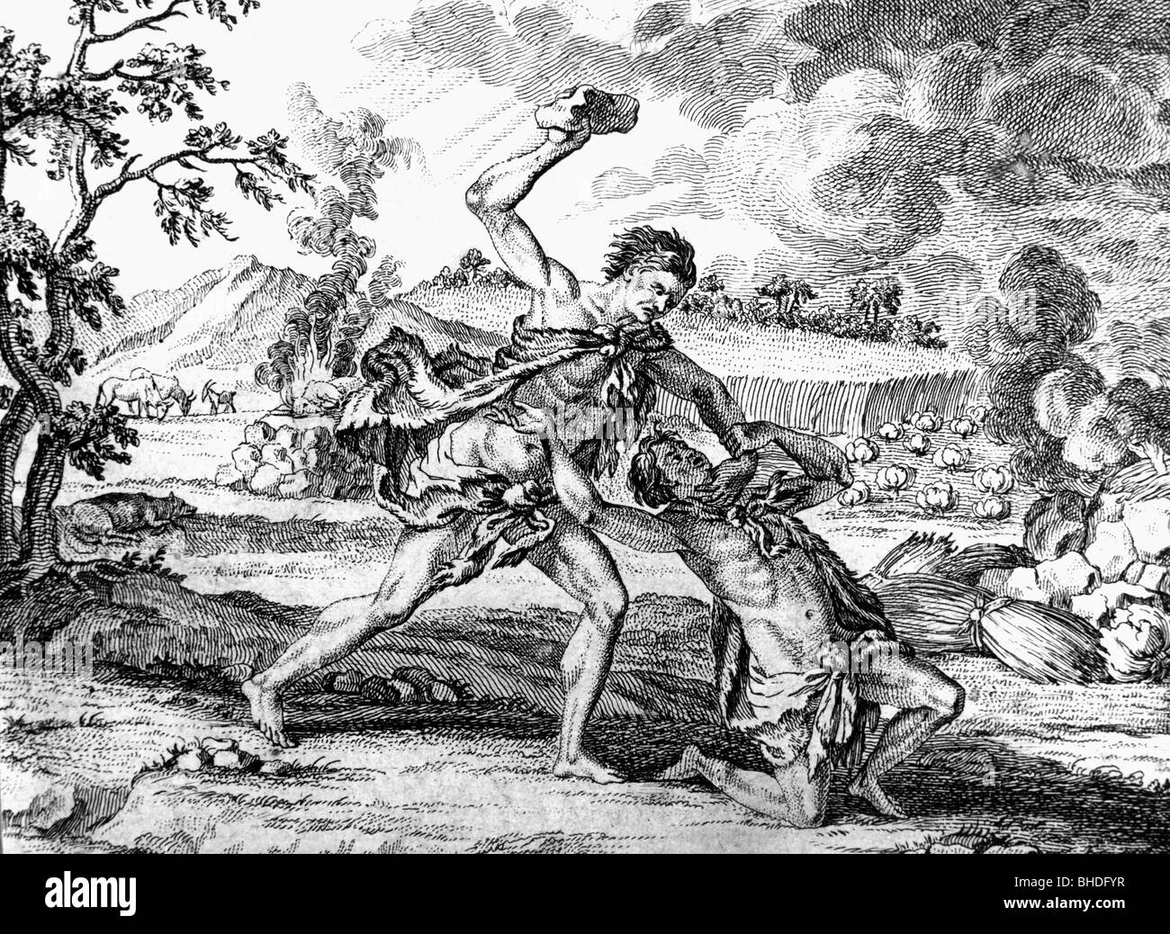 Cain and Abel, biblical characters, Cain is slaying his brother Abel, copper engraving, late 18th century, Artist's Copyright has not to be cleared Stock Photo