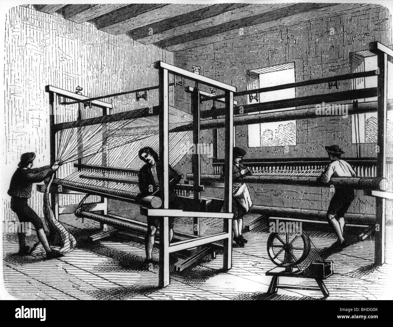 industry, textile, weaving, loom, wood engraving after contemporary