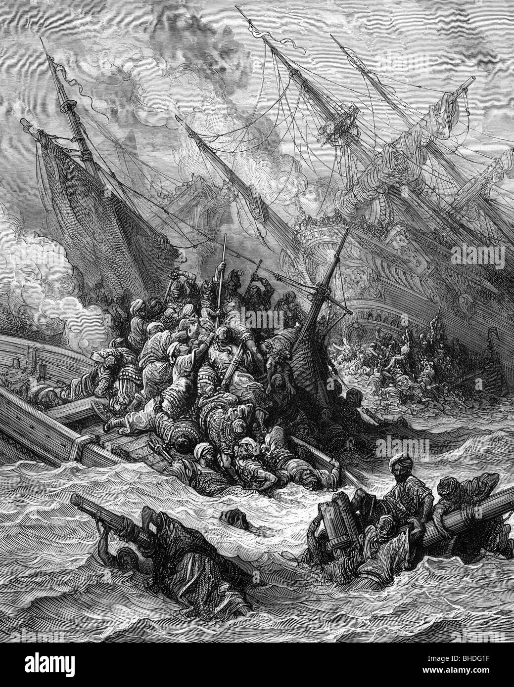 Fifth Venetian Turkish War 1570 - 1573, Battle of Lepanto, 7.10.1571, between of the naval forces of the Holy League under Don Juan de Austria and the Ottoman Empire under Ali Pasha, scene, lithograph by Gustav Doré, 1877, Greece, Nafpaktos, Naupactus, Gulf of Patras, navigation, fleet, fleets, navy, naval war, naval wars, armed forces, naval forces, 16th century, sixteenth century, the 1500s, graphic, graphics, decay, republic Venice, Kingdom of Spain, Papal States, Ottomans, Turks, Great Turkish War, Ottoman Wars, shipwrecks, abandoned shipwreck, fig, Artist's Copyright has not to be cleared Stock Photo