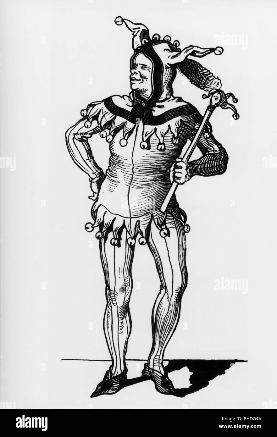 middle ages, people, 'Der Hofnarr' (The Court Jester), illustration from 'Muenchner Bilderbogen' (Munich Sheet of Pictures), wood engraving, 19th century, Stock Photo