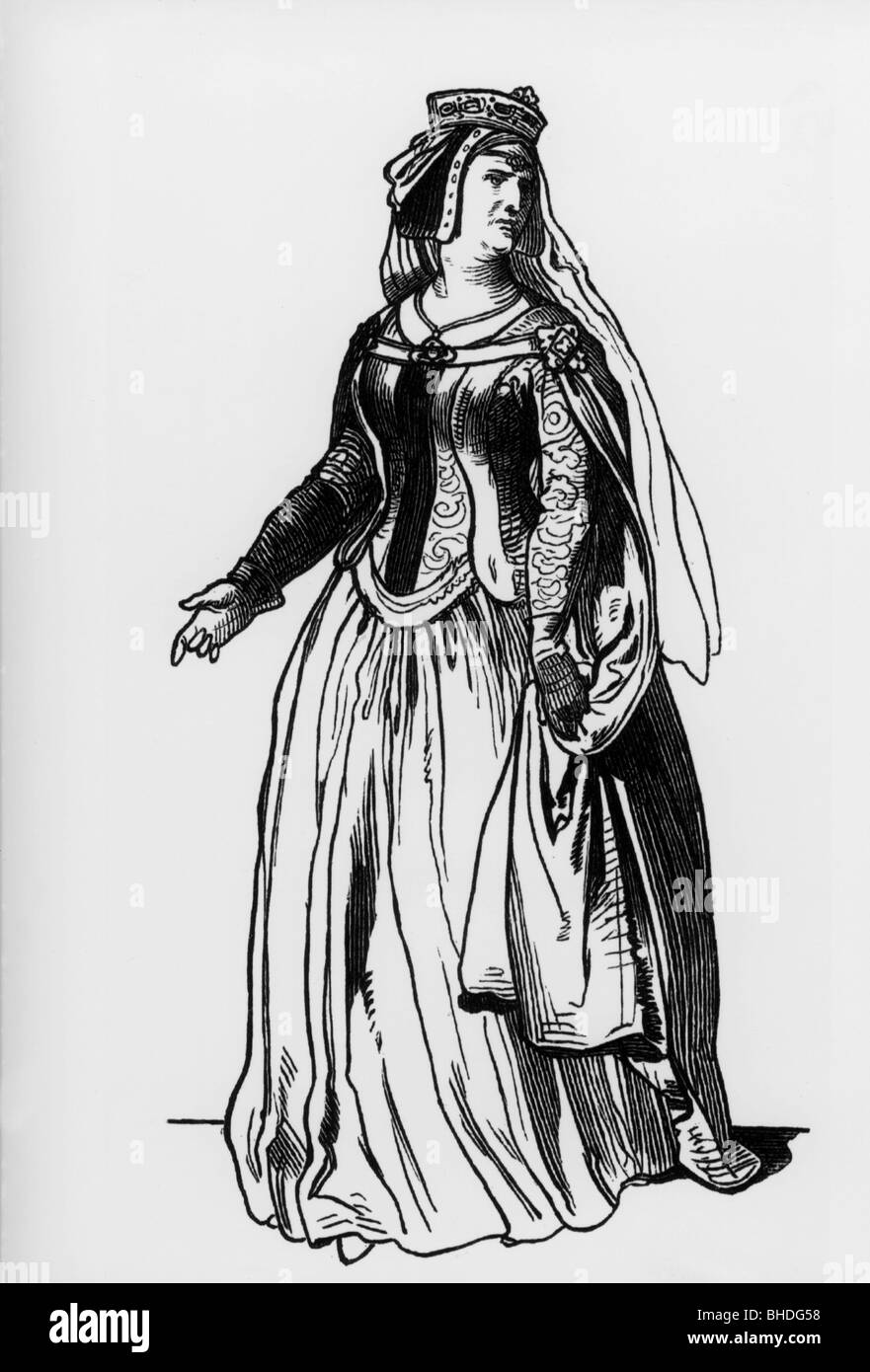 middle ages, people, 'Die Koenigin' (The Queen), illustration from 'Muenchner Bilderbogen' (Munich Sheet of Pictures), wood engraving, 19th century, Stock Photo