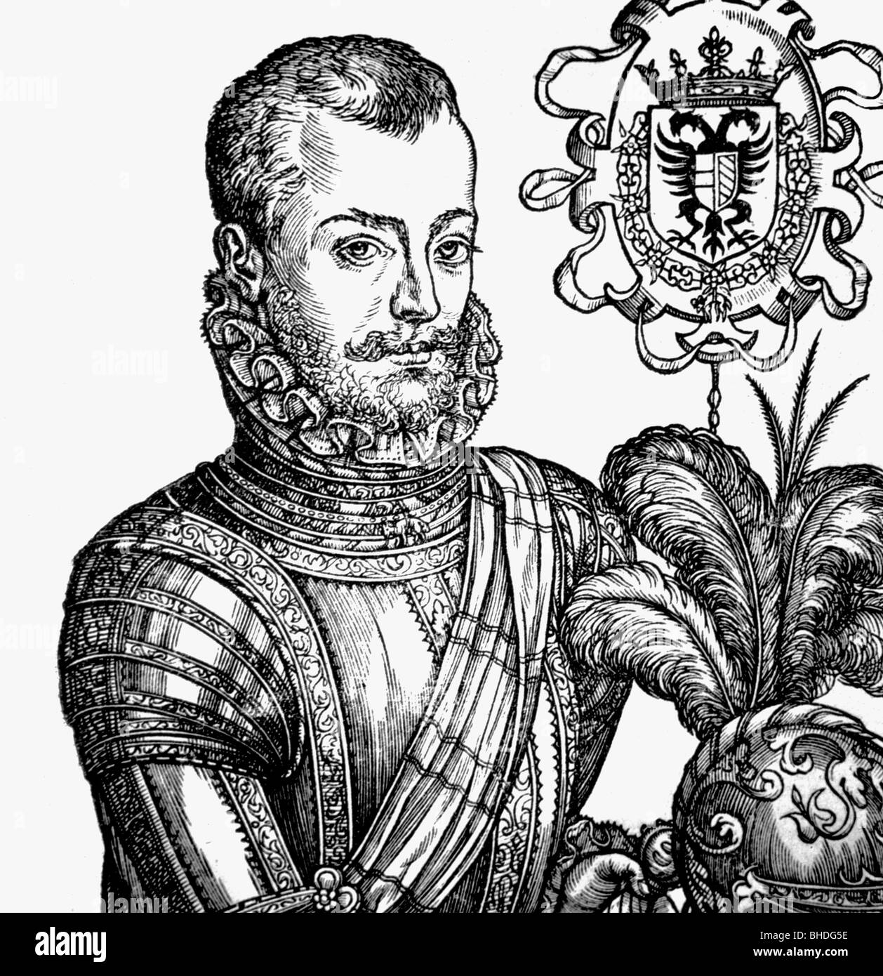 John of Austria, 24.2.1547 - 1.10.1578, Spanish general, illegitimate son of Holy Roman Emperor Charles V, portrait, woodcut, late 16th century, Stock Photo