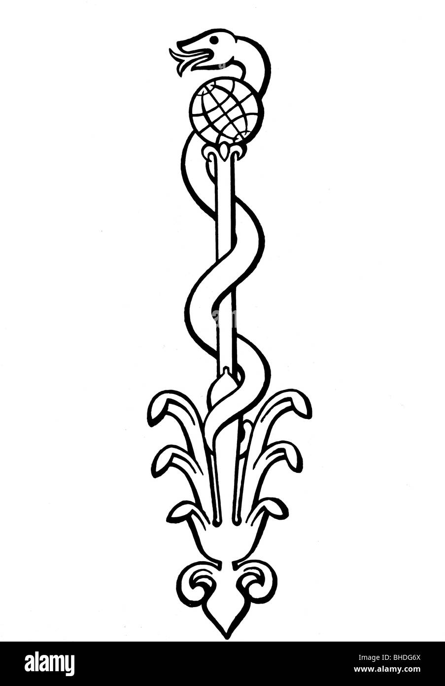 medicine, allegories, Staff of Asclepius, drawing, historic, historical, serpent, snake, Stock Photo
