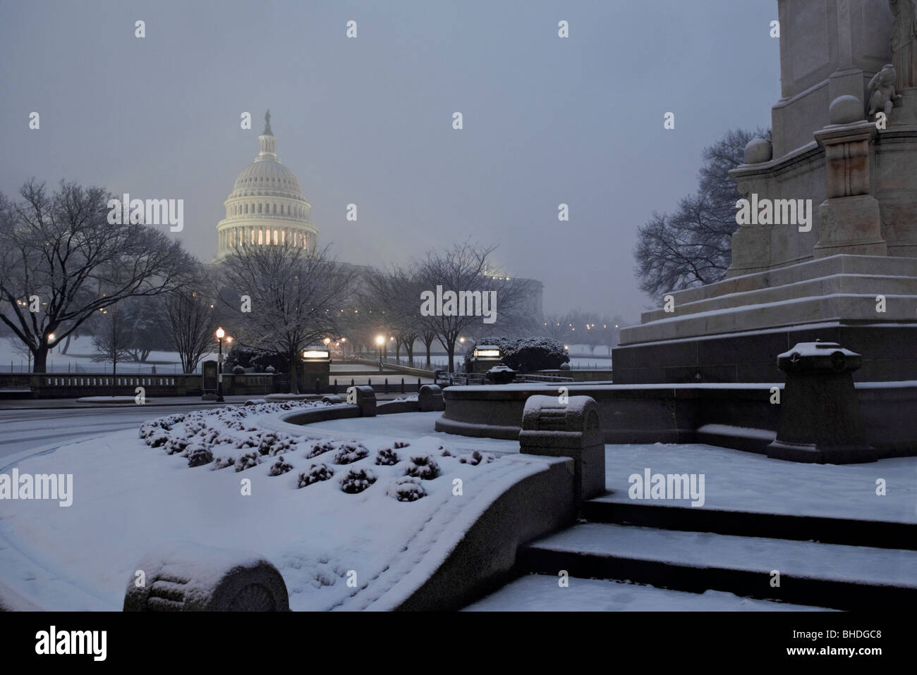 The US Capitol Building at night in the snow. Stock Photo