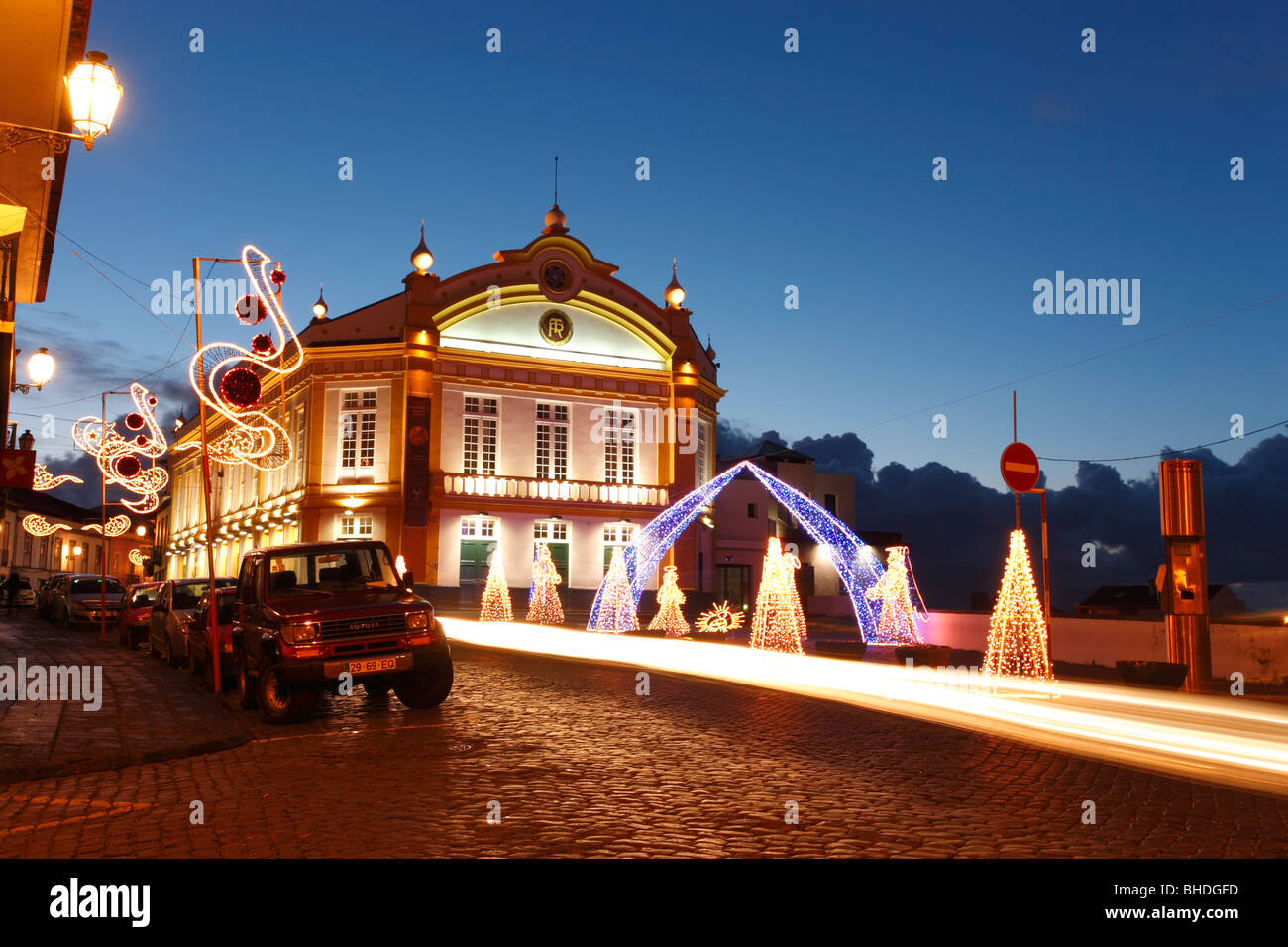 The theater building and some Christmas decorations in the city of Ribeira Grande. Azores islands, Portugal. Stock Photo