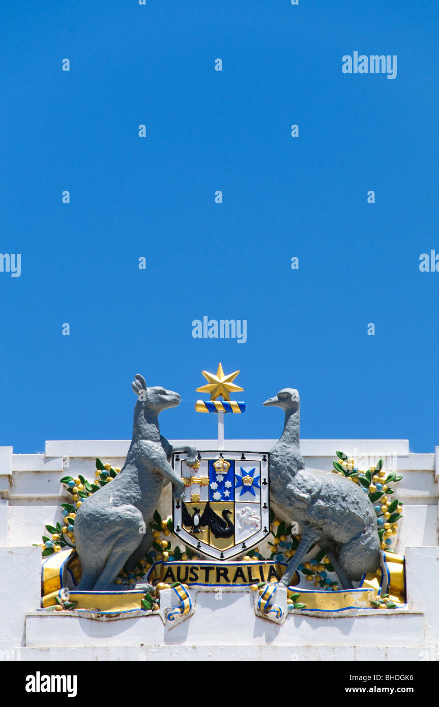 CANBERRA, Australia - The Coat of Arms of Australia (formally known as Commonwealth Coat of Arms) is the official symbol of Australia. The initial coat of arms was granted by King Edward VII on 7 May 1908, and the current version was granted by King George V on 19 September 1912 Stock Photo