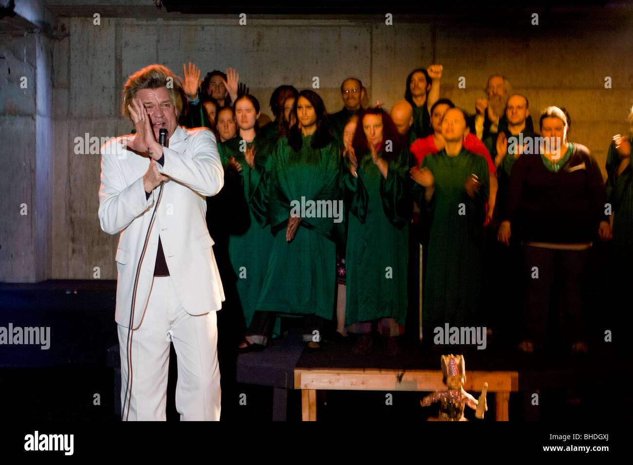 Reverend Billy performs at a fund-raising benefit called 'Horns for Haiti.' Stock Photo