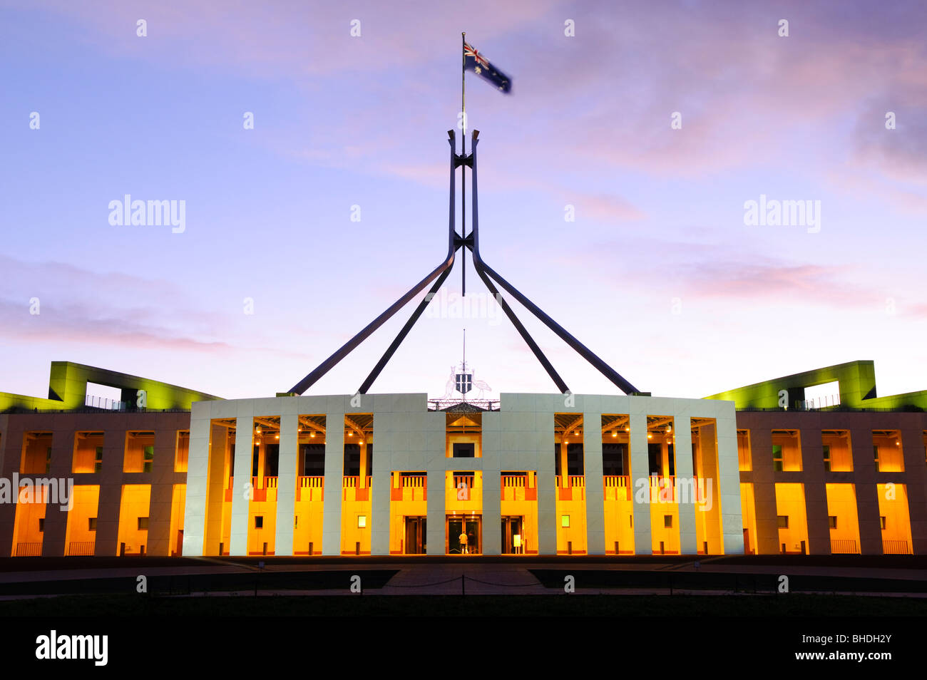 CANBERRA, Australia - Parliament House is the meeting place of the Parliament of Australia. It is located in Canberra, the capital of Australia. It was opened on 9 May 1988 by Queen Elizabeth II, Queen of Australia.[1] Its construction cost was over $1.1 billion. At the time of its construction it was the most expensive building in the Southern Hemisphere. Prior to 1988, the Parliament of Australia met in the Provisional Parliament House, which is now known as 'Old Parliament House'. Stock Photo