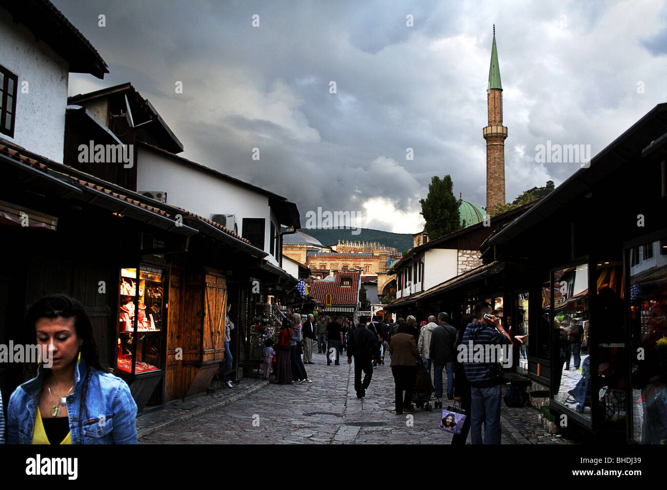 bosnia, sarajevo, balcan, balkan, city, rainy, day. daytime, life, market, bazar, souk, souq, suq, mosque, minaret Stock Photo