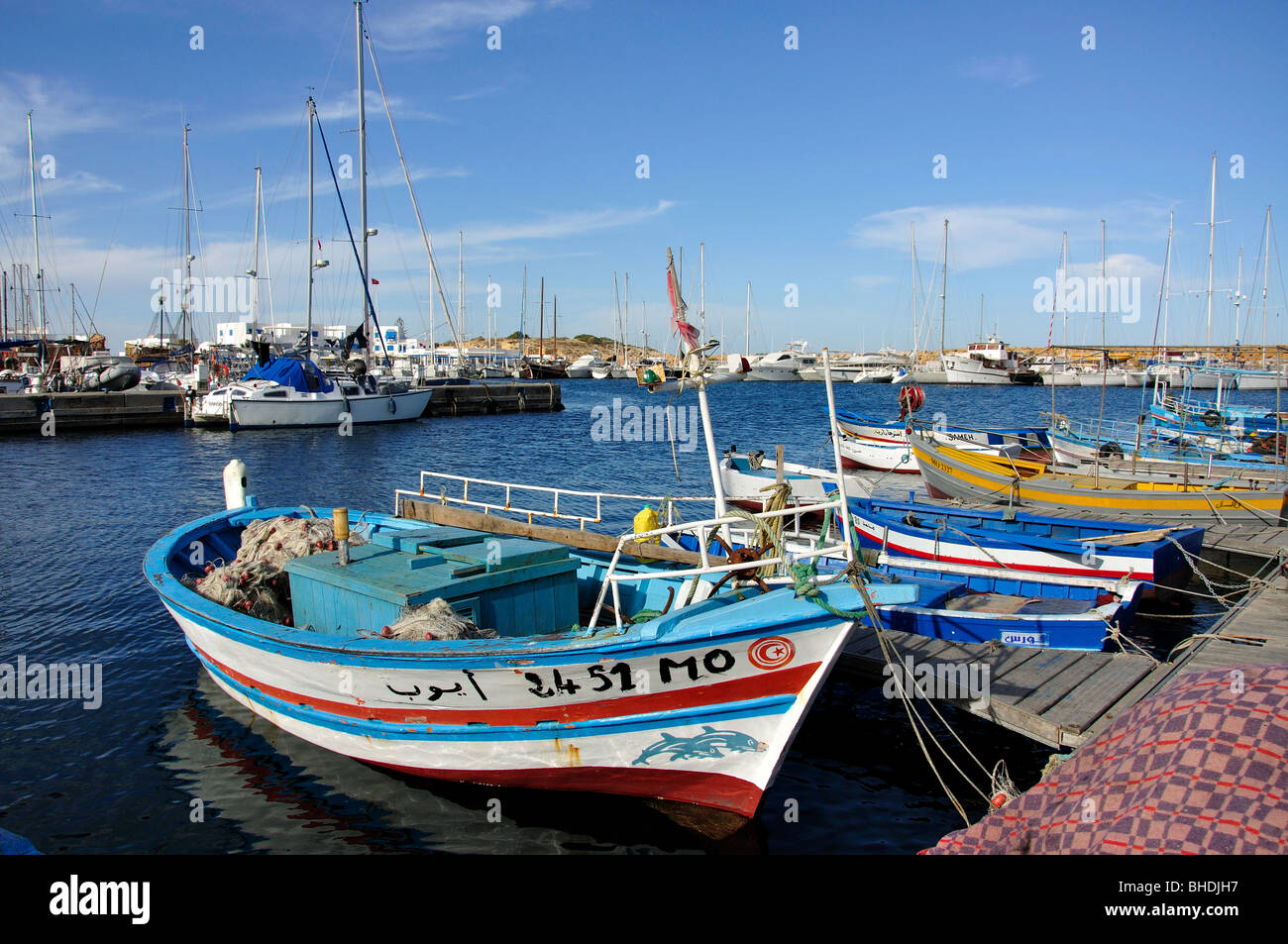 Wooden fishing boats in Monastir Marina, Monastir, Monastir Governorate, Tunisia Stock Photo