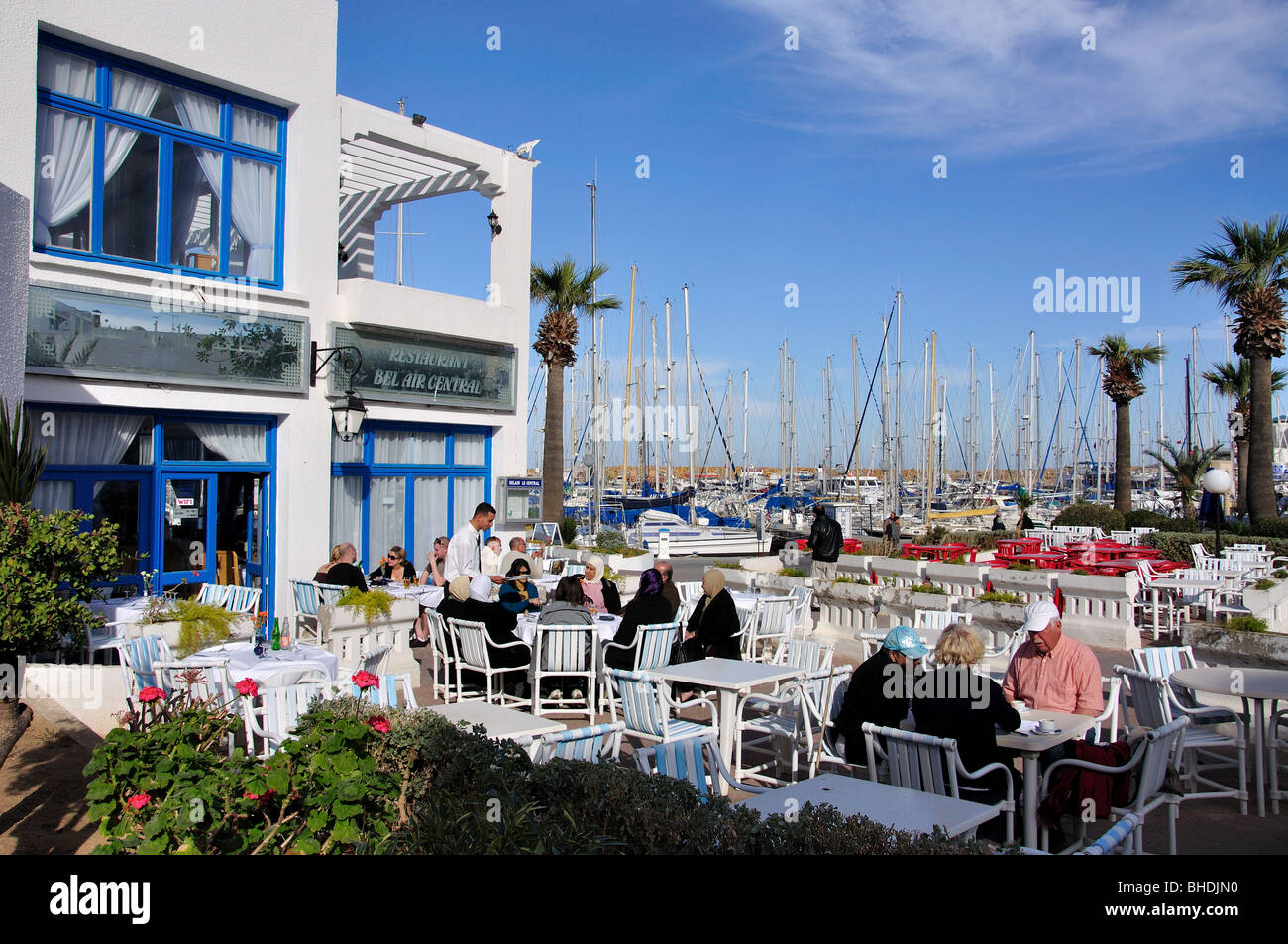 Outdoor restaurant, Monastir Marina, Monastir, Monastir Governorate, Tunisia Stock Photo