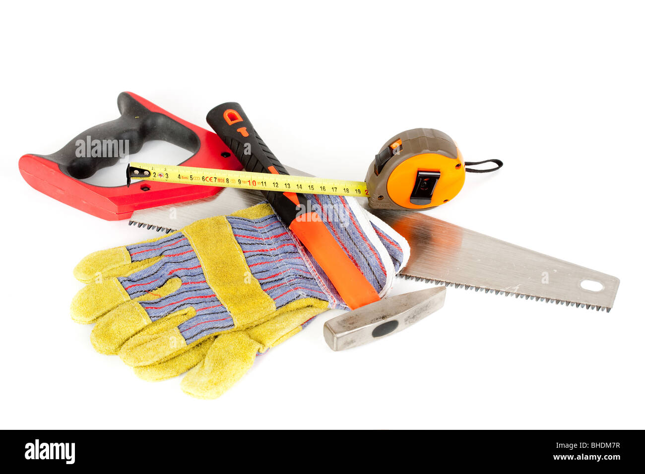 Protection gloves and construction tools isolated on white background ...