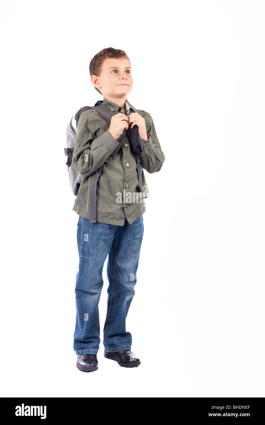Portrait of a cute schoolboy with backpack isolated on white background ...