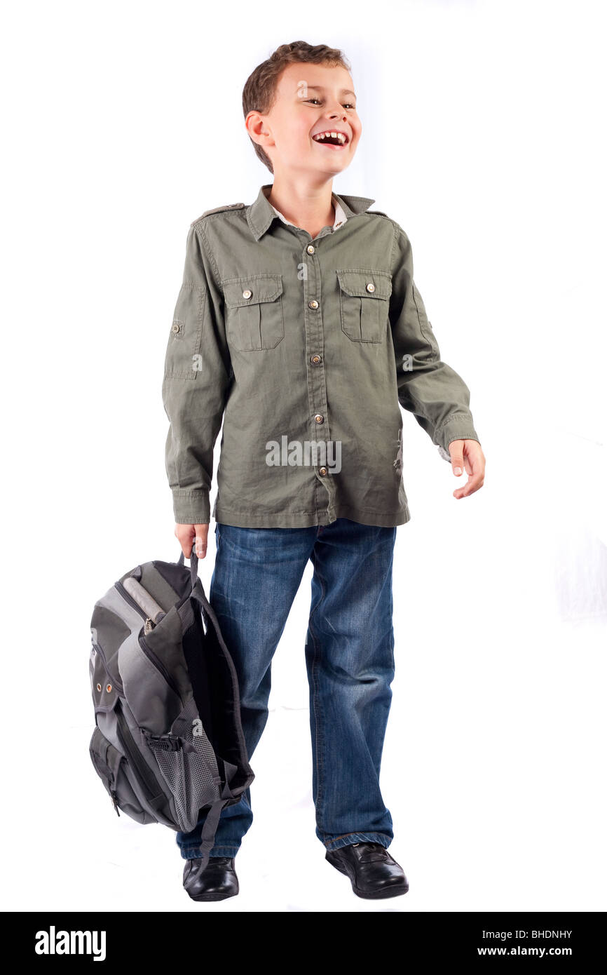 Portrait of a cute schoolboy with backpack isolated on white background ...