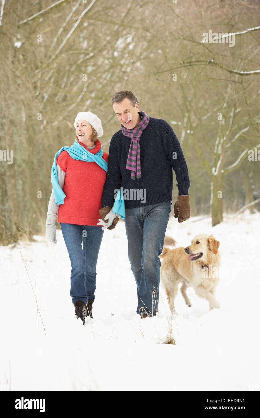 Senior Couple Walking Dog Through Snowy Woodland Stock Photo
