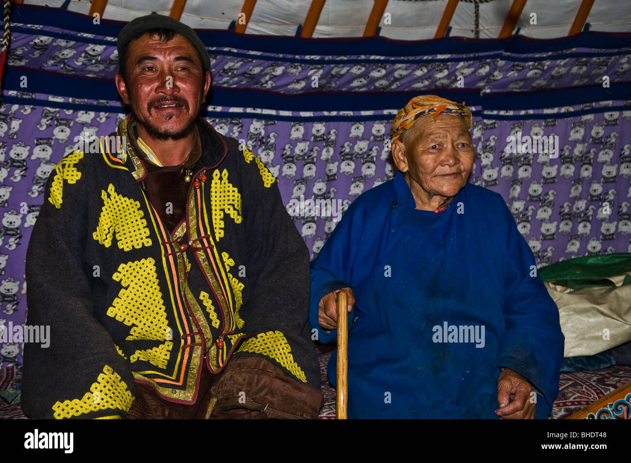 Mongolian herders inside their traditional Ger ( big tent ). Stock Photo