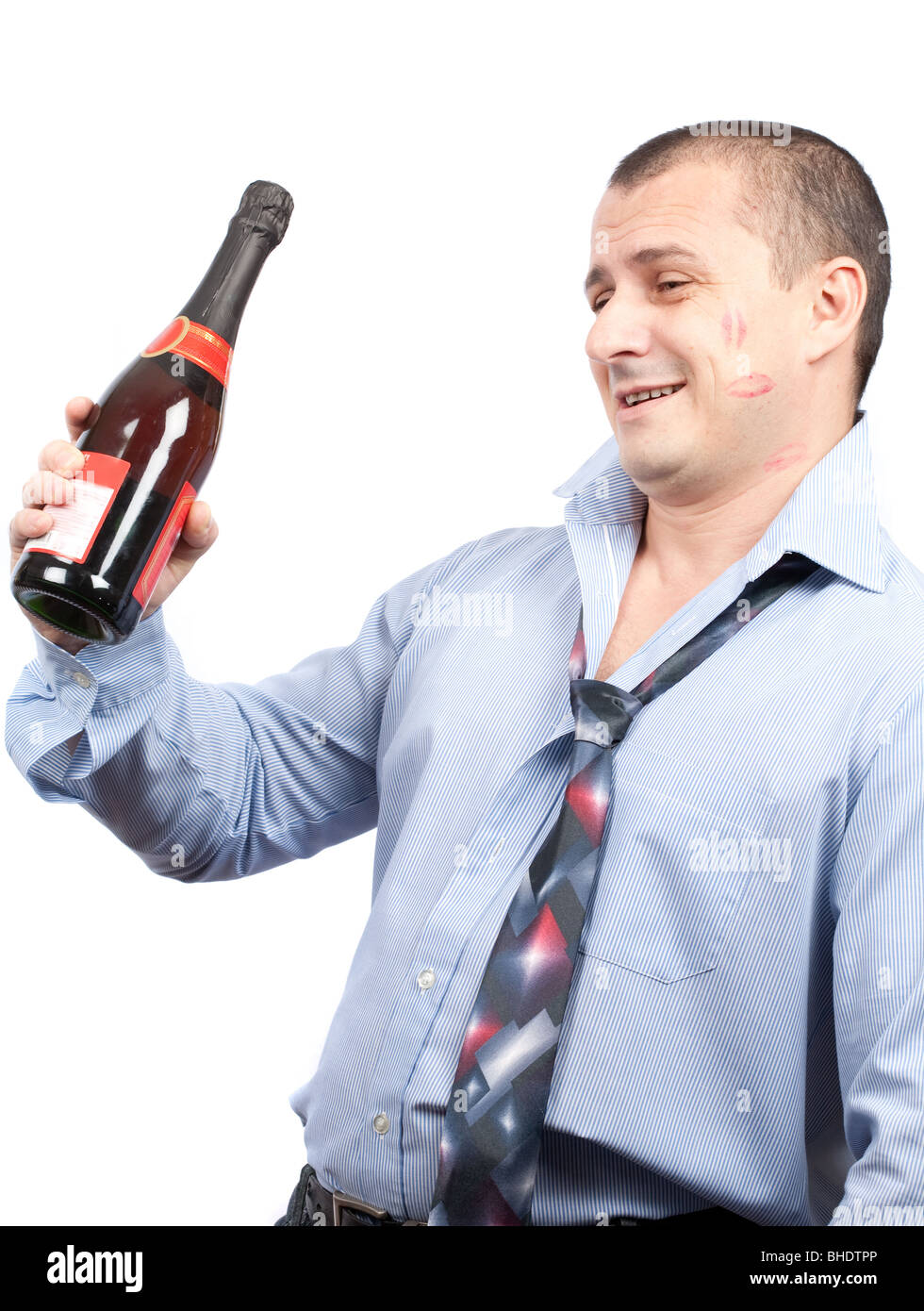 Portrait of a funny drunk businessman isolated on white background Stock Photo