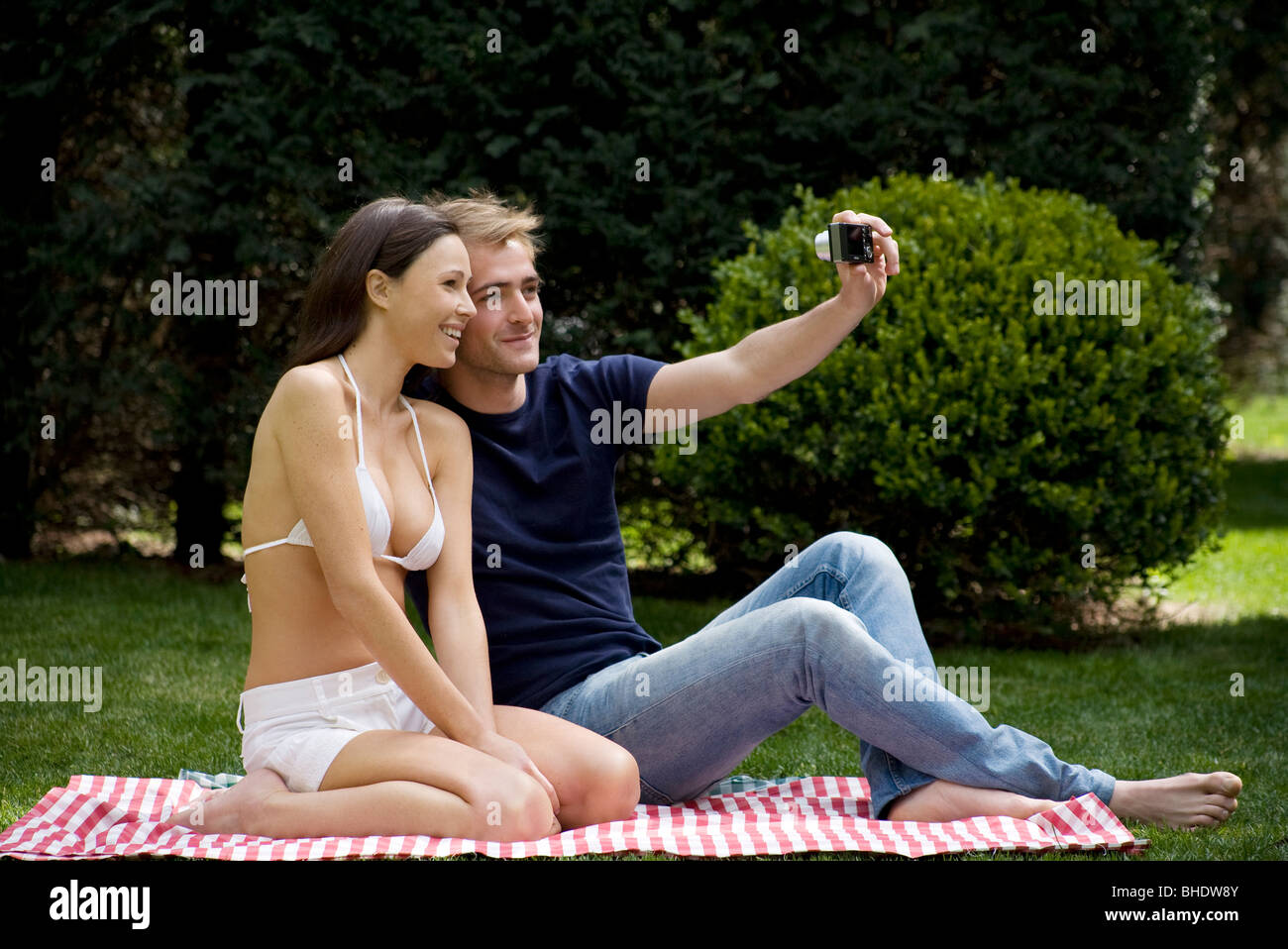 couple with camera, picnic Stock Photo