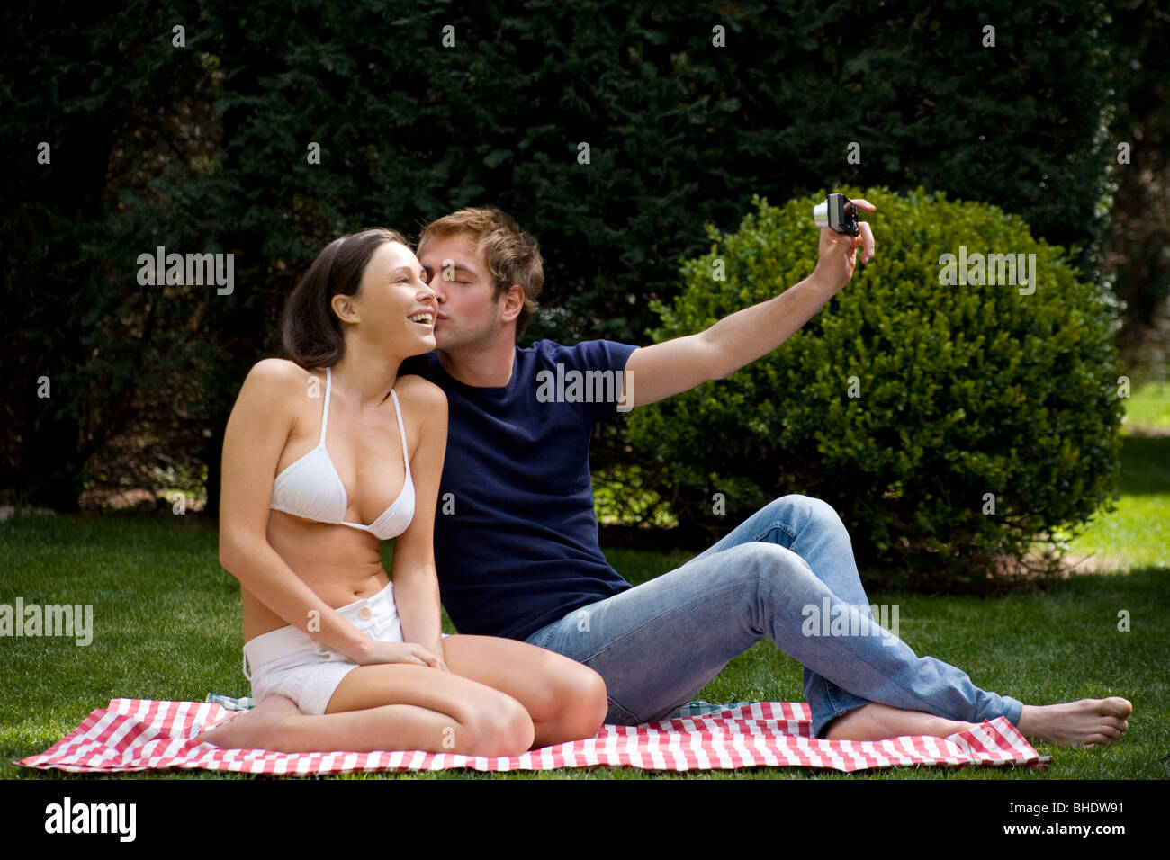 couple with camera, picnic Stock Photo